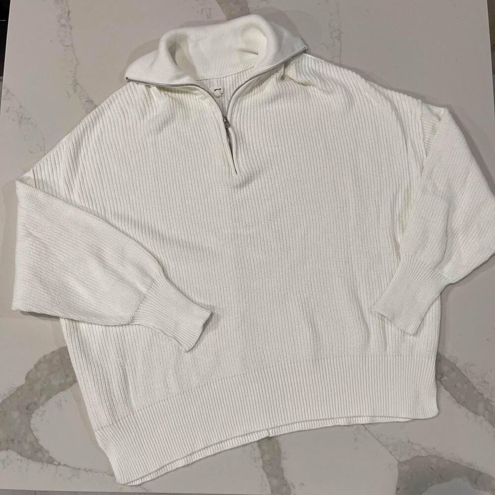 Aerie Beyond 100% Cotton Quarter Zip Sweater Oversized White Womens Size Large
